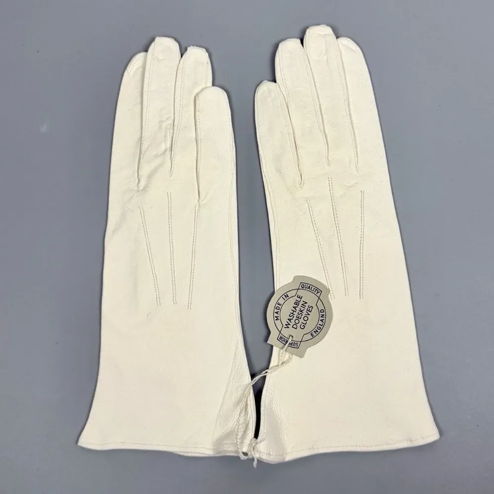 New Vintage White Gloves Washable Doeskin Leather Trimingham Bros sz 7,5 England
